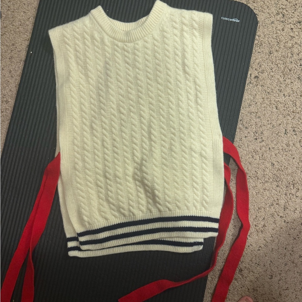 Boden Cream Cable Knit Sweater Vest with Red Ties 100% wool